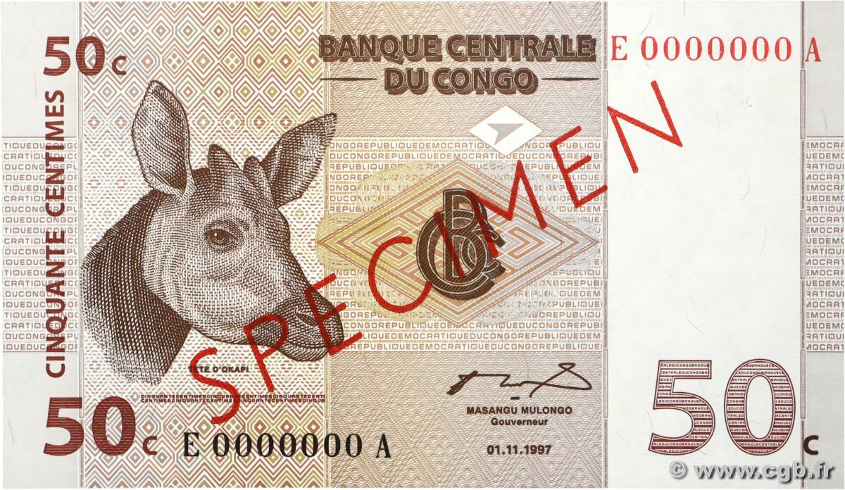 50 Centimes Spécimen RÉPUBLIQUE DÉMOCRATIQUE DU CONGO  1997 P.084As NEUF
