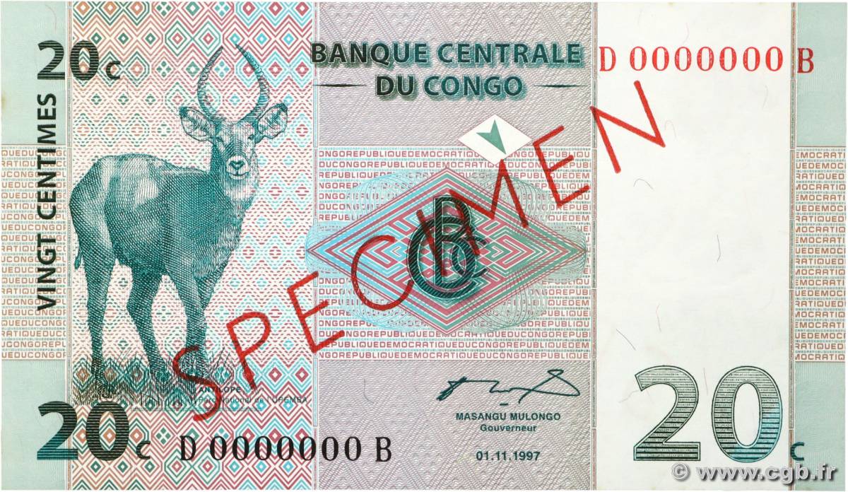 20 Centimes Spécimen RÉPUBLIQUE DÉMOCRATIQUE DU CONGO  1997 P.083s NEUF