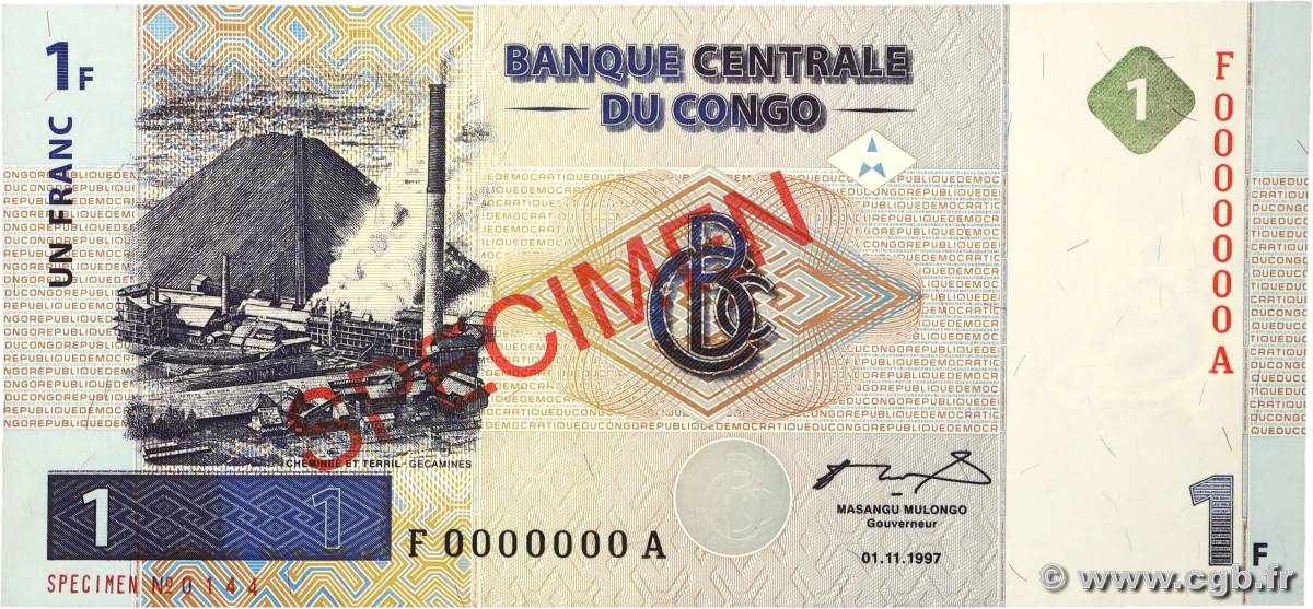 1 Franc Spécimen CONGO, DEMOCRATIQUE REPUBLIC 1997 P.085s UNC-