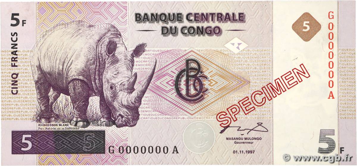 5 Francs Spécimen RÉPUBLIQUE DÉMOCRATIQUE DU CONGO  1997 P.086s pr.NEUF