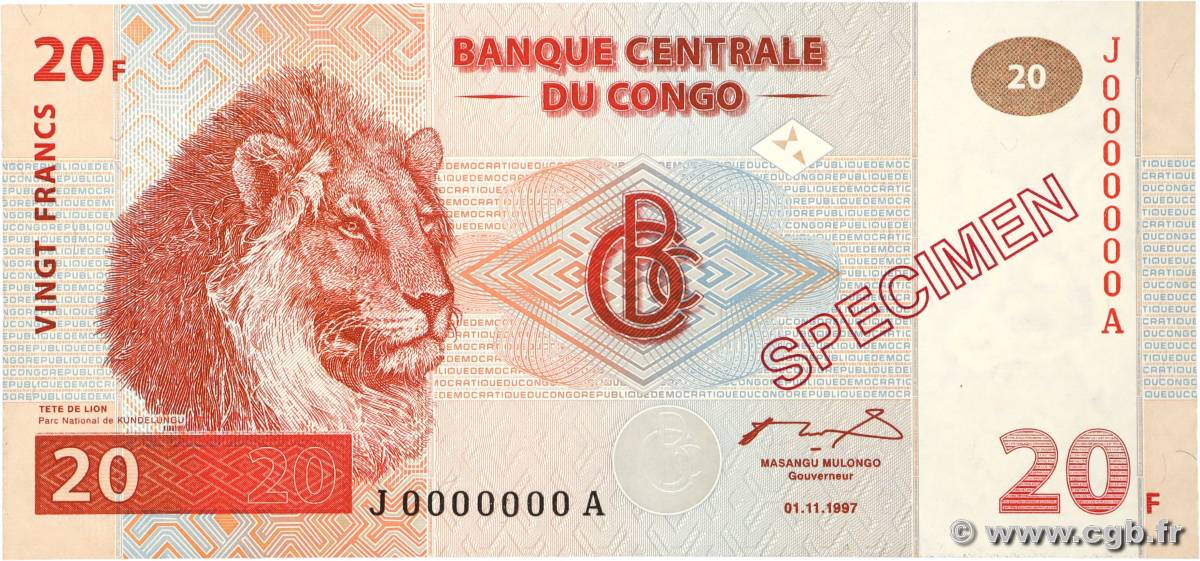 20 Francs Spécimen RÉPUBLIQUE DÉMOCRATIQUE DU CONGO  1997 P.088s pr.NEUF