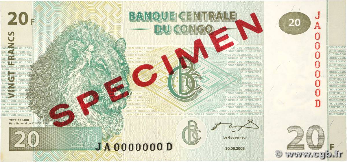 20 Francs Spécimen CONGO, DEMOCRATIC REPUBLIC  2003 P.094as UNC