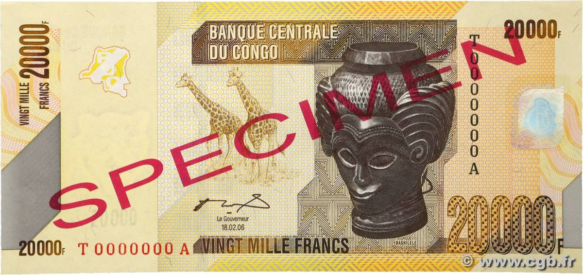 20000 Francs Spécimen RÉPUBLIQUE DÉMOCRATIQUE DU CONGO  2012 P.104as pr.NEUF