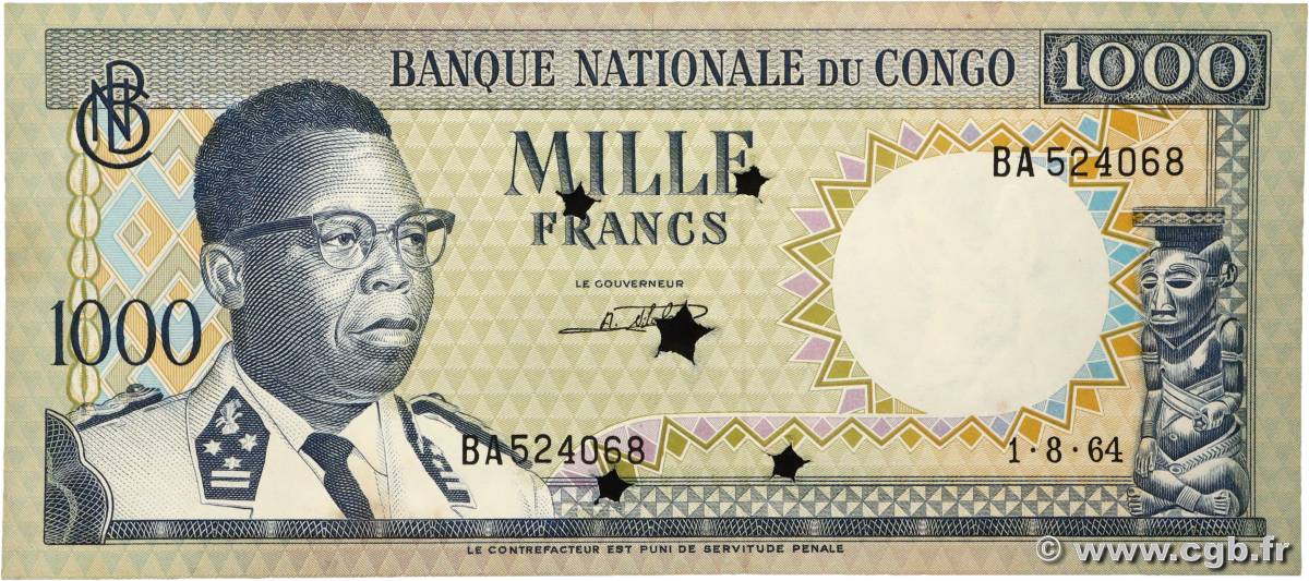 1000 Francs Annulé RÉPUBLIQUE DÉMOCRATIQUE DU CONGO  1964 P.008a SPL