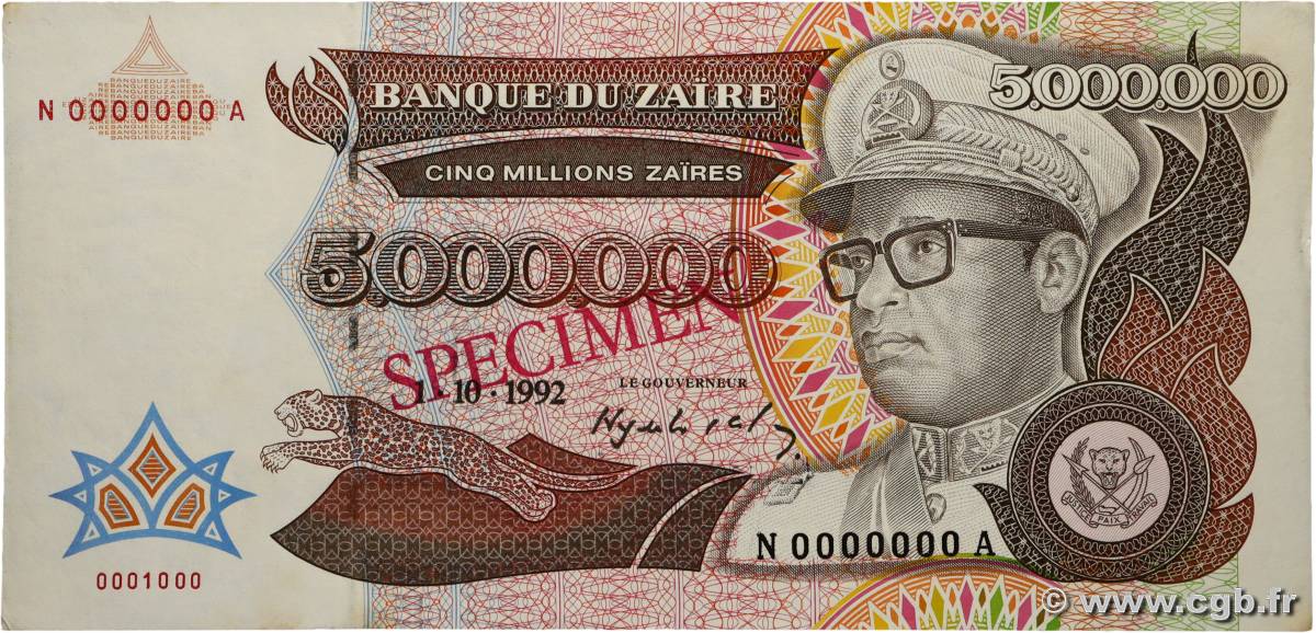 5000000 Zaïres Spécimen ZAÏRE  1992 P.46s SUP