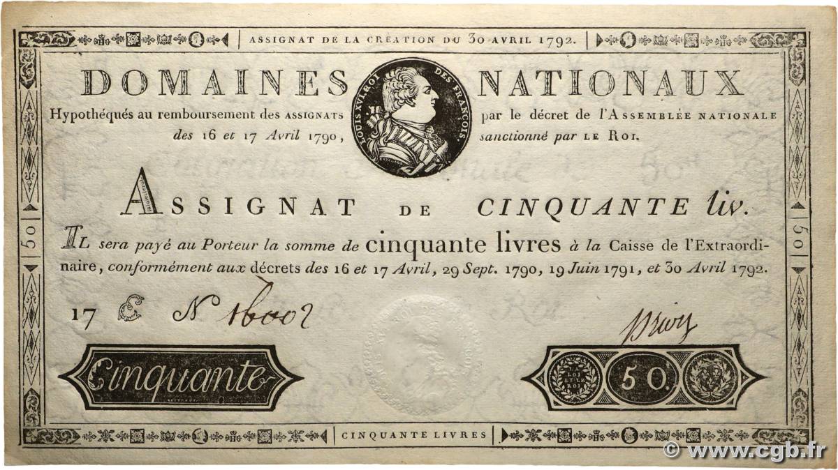 50 Livres FRANCE 1792 Ass.28a pr.NEUF