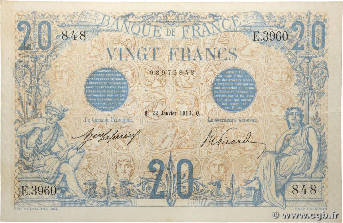 20 Francs BLEU FRANCE 1913 F.10.03 TTB