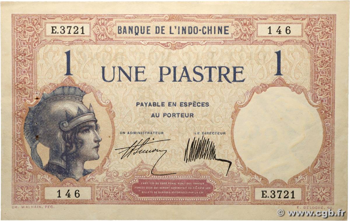 1 Piastre INDOCHINE FRANÇAISE 1927 P.048b pr.SUP