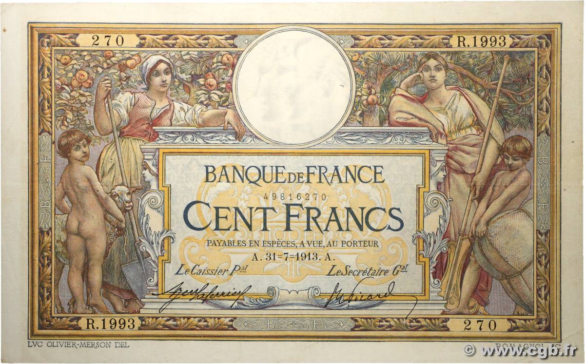 100 Francs LUC OLIVIER MERSON sans LOM FRANCE 1913 F.23.05 TTB