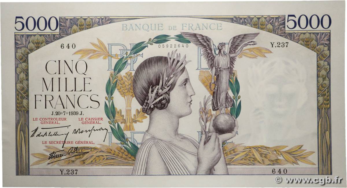 5000 Francs VICTOIRE Impression à plat FRANCE 1939 F.46.08 SPL