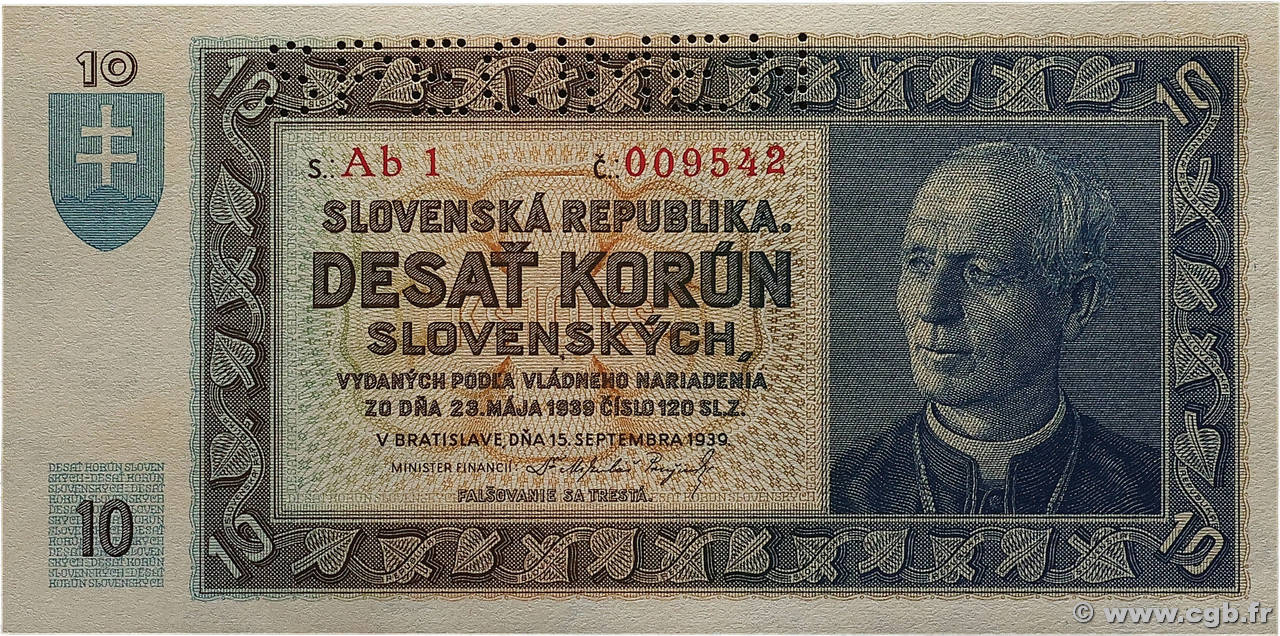 10 Korun Spécimen SLOVAQUIE 1939 P.04s pr.NEUF