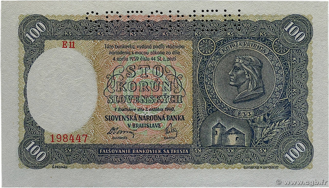 100 Korun Spécimen SLOVAQUIE 1940 P.10s NEUF