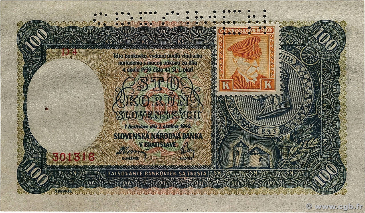 100 Korun Spécimen TCHÉCOSLOVAQUIE 1945 P.052s pr.NEUF