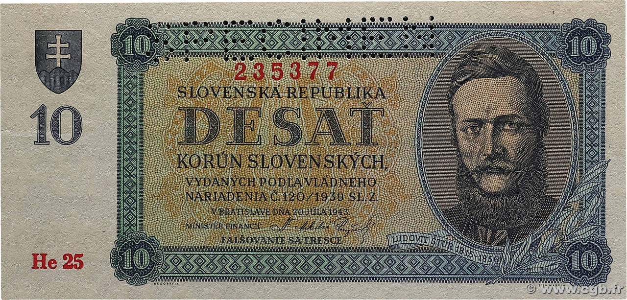 10 Korun Spécimen SLOVAQUIE 1943 P.06s pr.NEUF