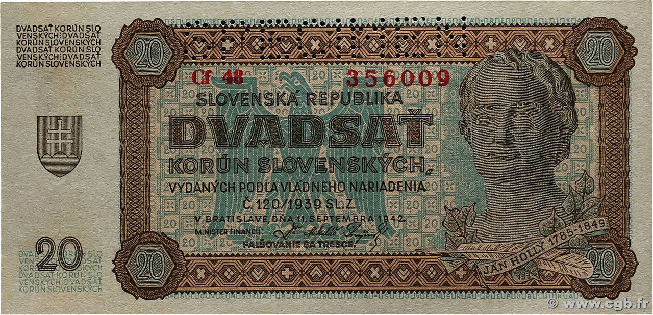 20 Korun Spécimen SLOVAQUIE 1942 P.07s NEUF