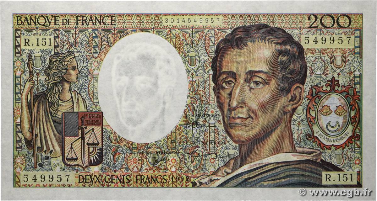 200 Francs MONTESQUIEU FRANCE 1992 F.70.12c NEUF