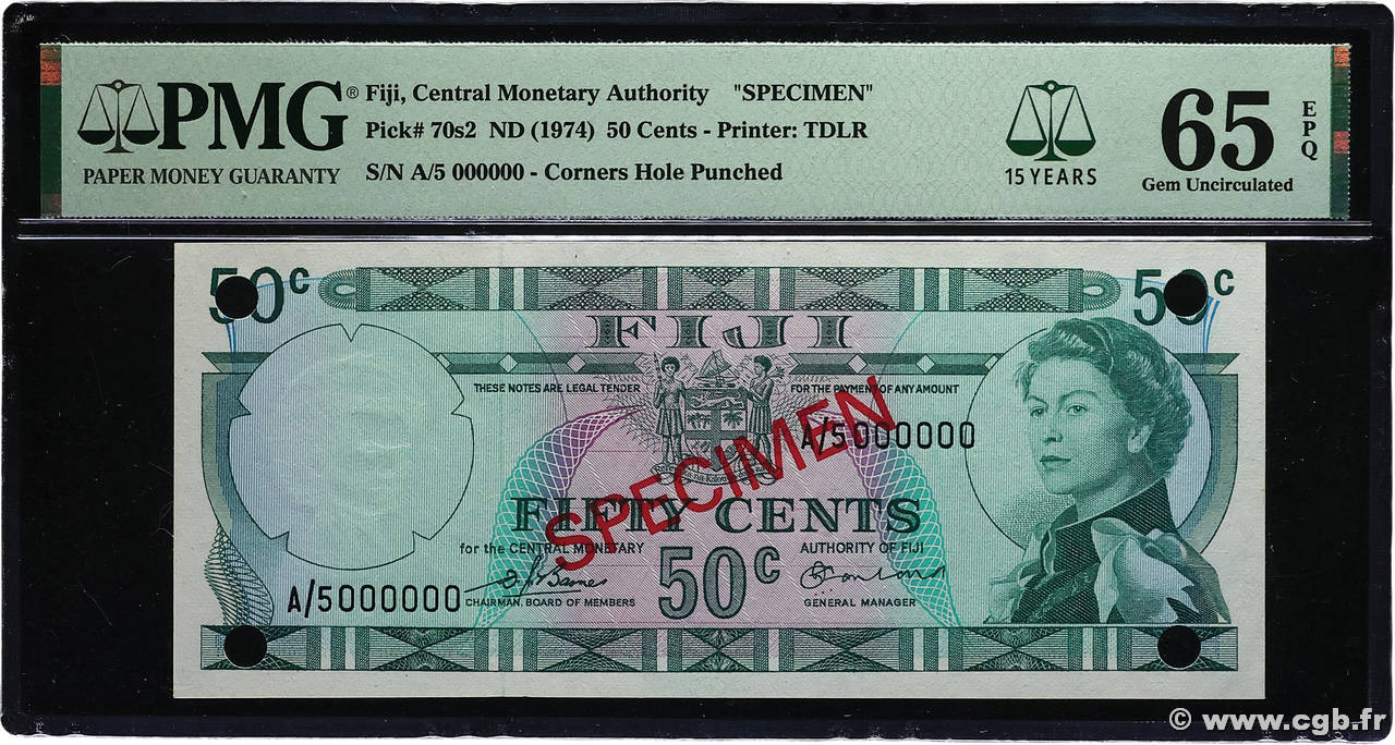 50 Cents Spécimen FIDJI 1974 P.070s2 NEUF