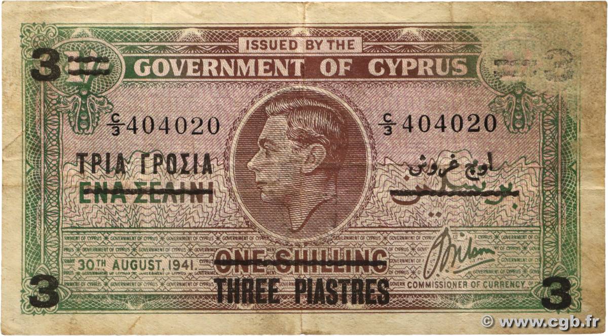 3 Piastres CHYPRE 1943 P.26 TB