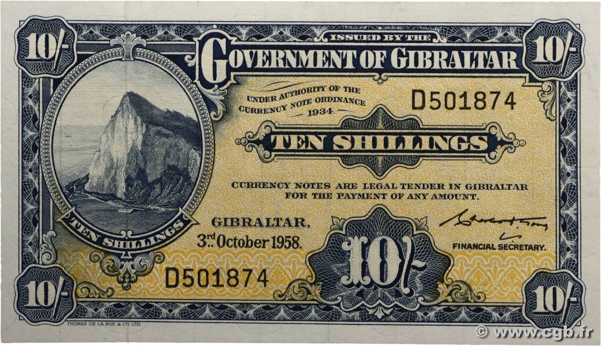 10 Shillings GIBRALTAR  1958 P.17 SPL
