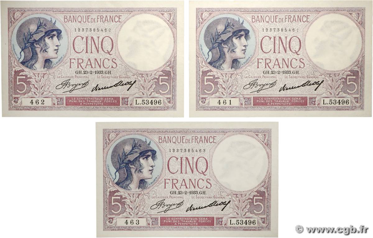 5 Francs FEMME CASQUÉE Consécutifs FRANCE  1933 F.03.17 SPL