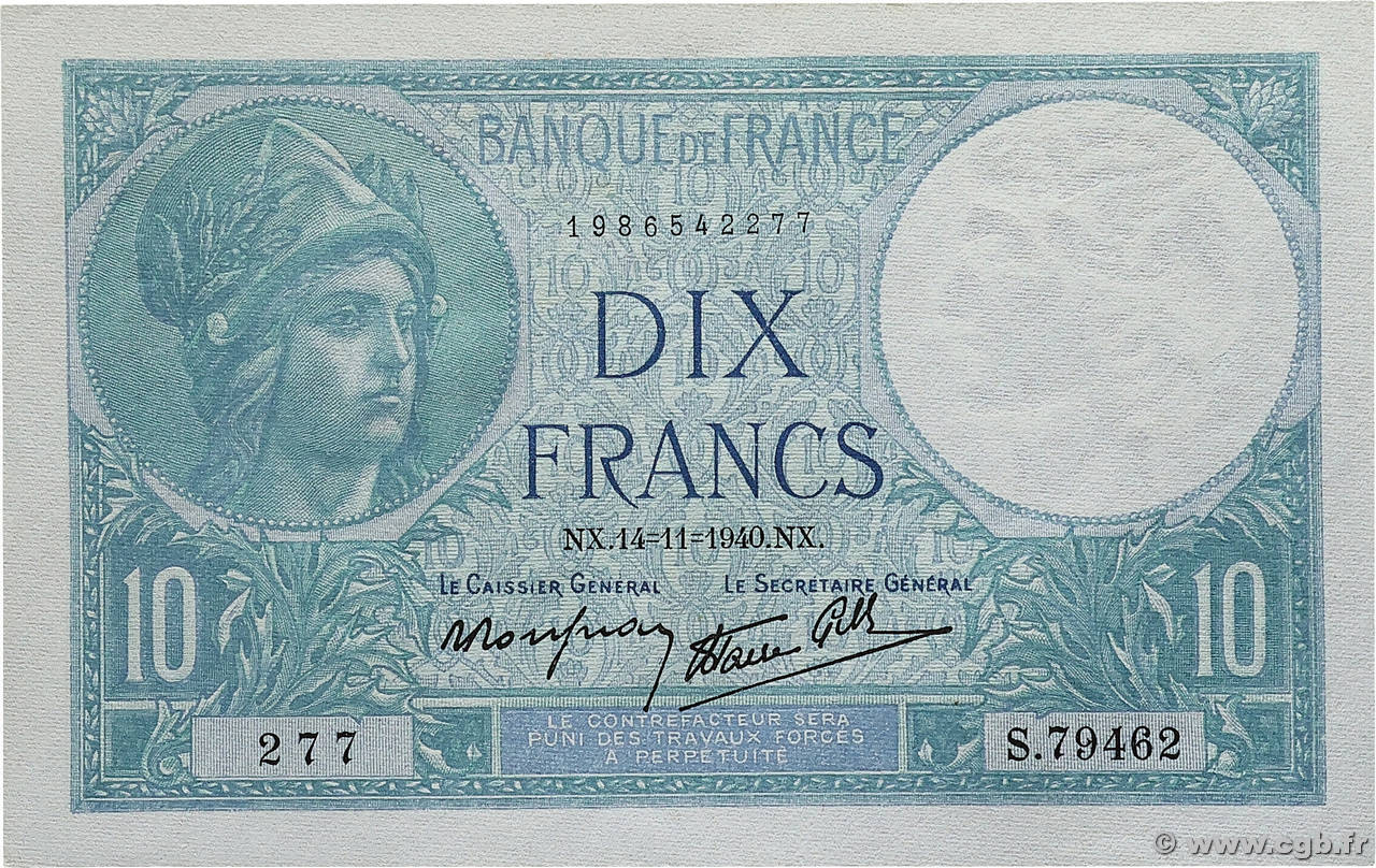 10 Francs MINERVE modifié FRANCE 1940 F.07.20 pr.NEUF