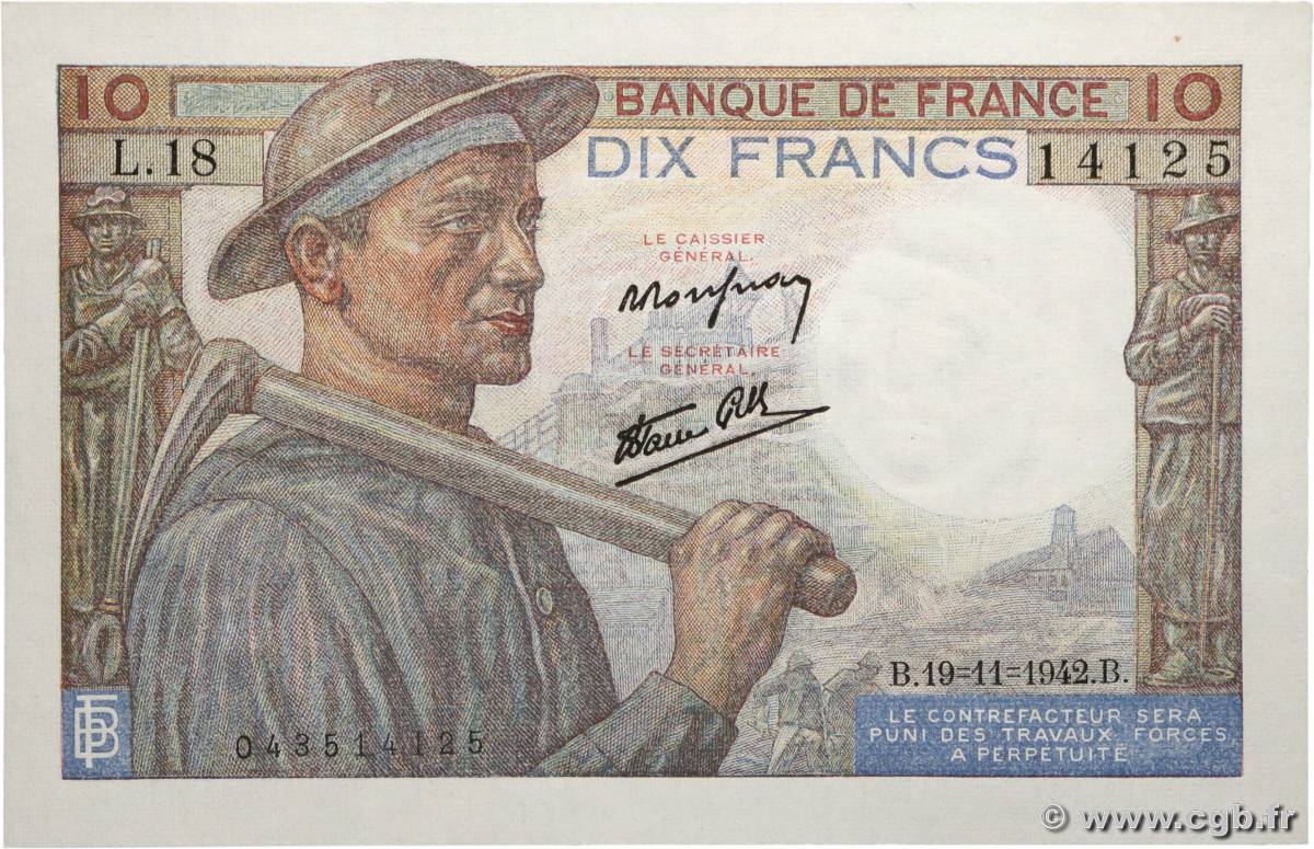 10 Francs MINEUR FRANCE 1942 F.08.05 pr.NEUF