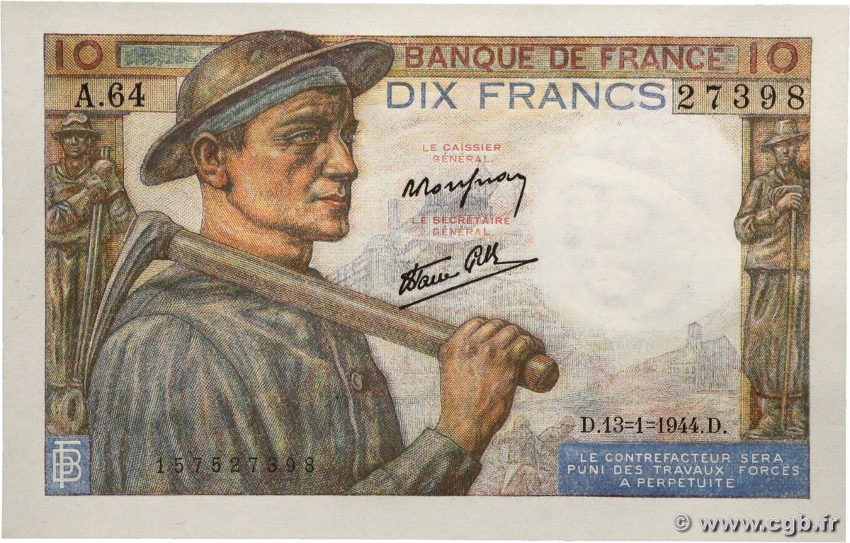 10 Francs MINEUR FRANCE 1944 F.08.10 NEUF