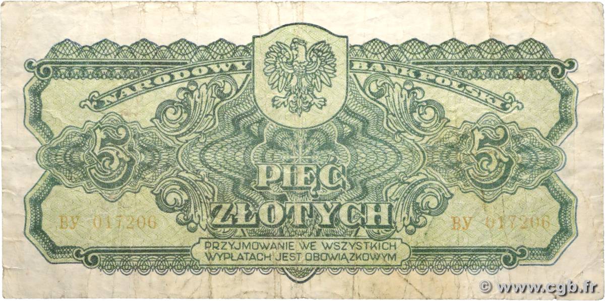 5 Zlotych POLAND 1944 P.108 VG