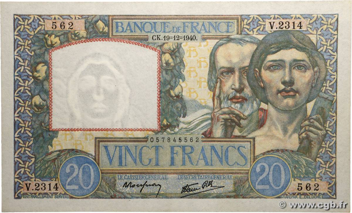 20 Francs TRAVAIL ET SCIENCE FRANCE  1940 F.12.11 SPL+