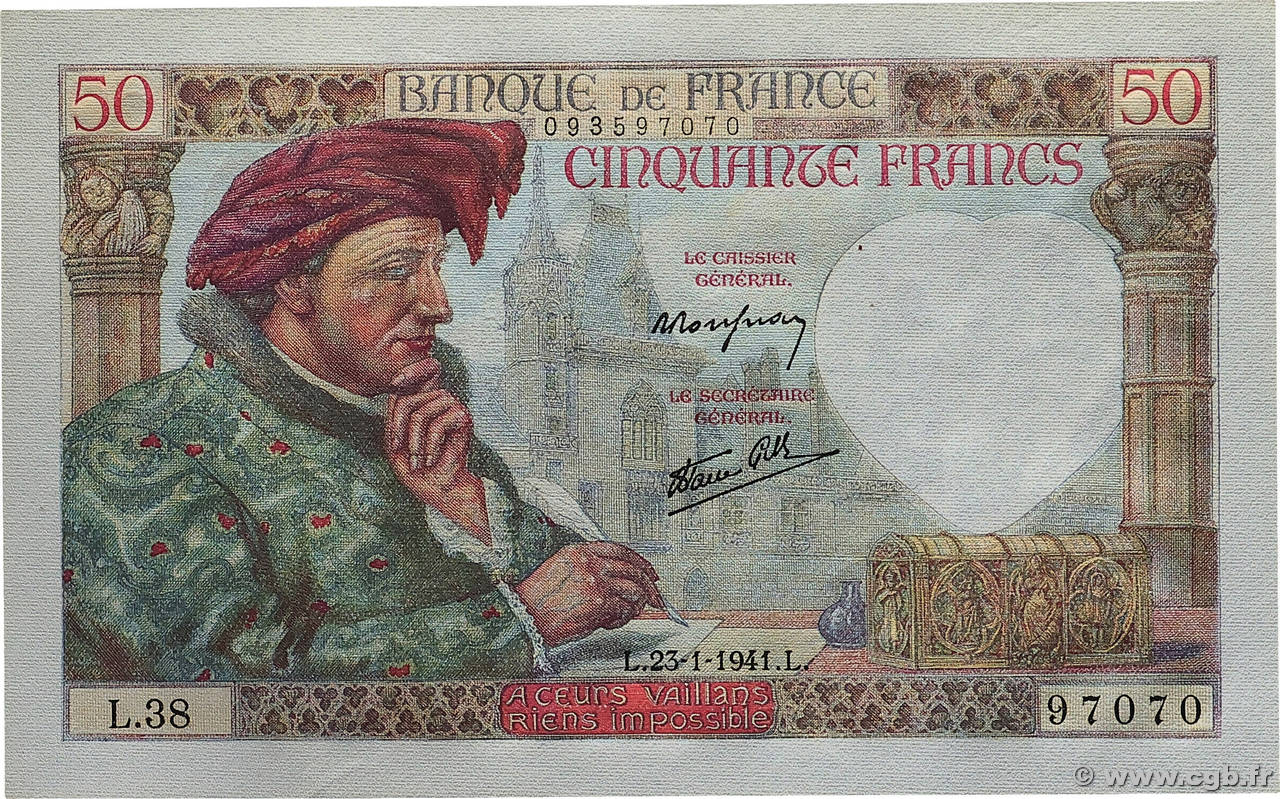 50 Francs JACQUES CŒUR FRANCE 1941 F.19.05 NEUF