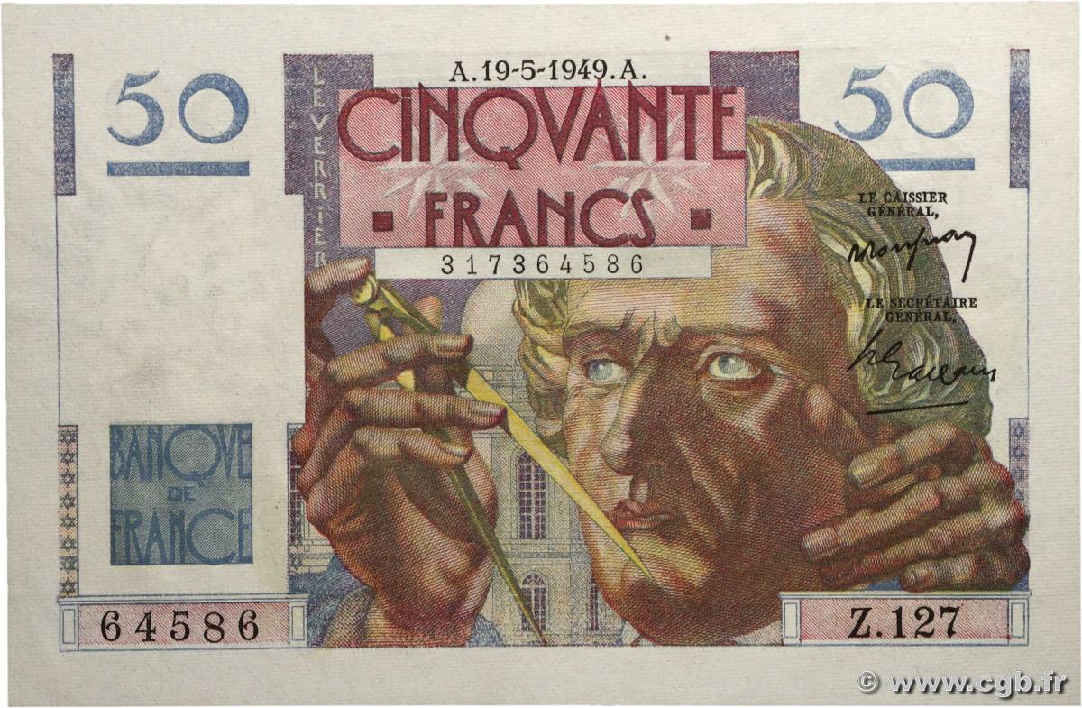 50 Francs LE VERRIER FRANCE 1949 F.20.12 pr.SPL