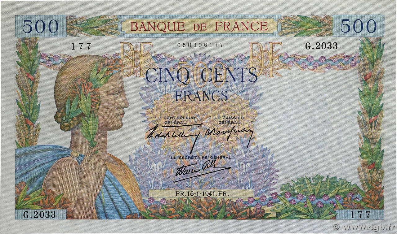500 Francs LA PAIX FRANCE 1941 F.32.13 pr.NEUF