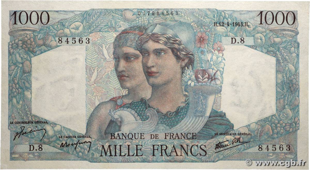 1000 Francs MINERVE ET HERCULE FRANCE  1945 F.41.01 SUP