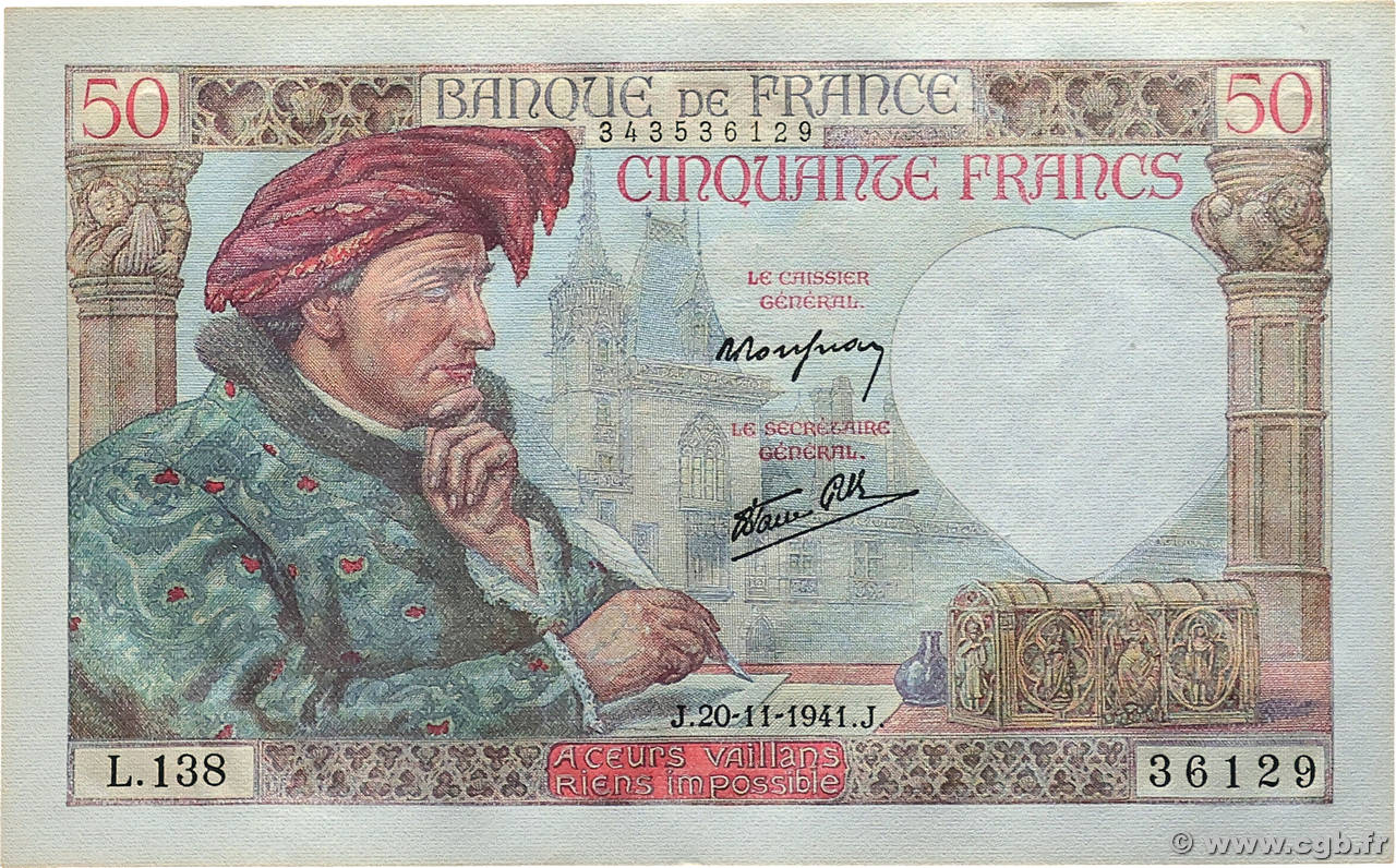 50 Francs JACQUES CŒUR FRANCE 1941 F.19.16 pr.NEUF