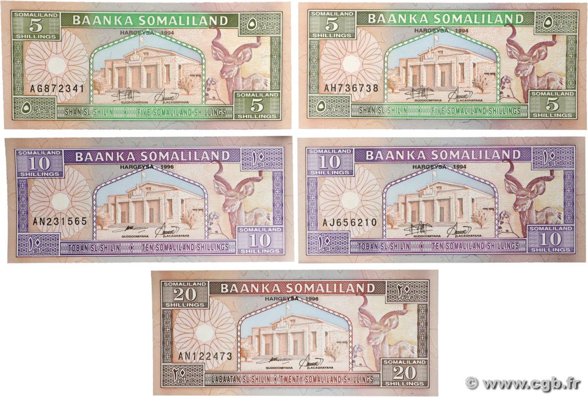 5 à 20 Shillings Lot SOMALILAND 1994 P.01a, P.02b et P.03b NEUF