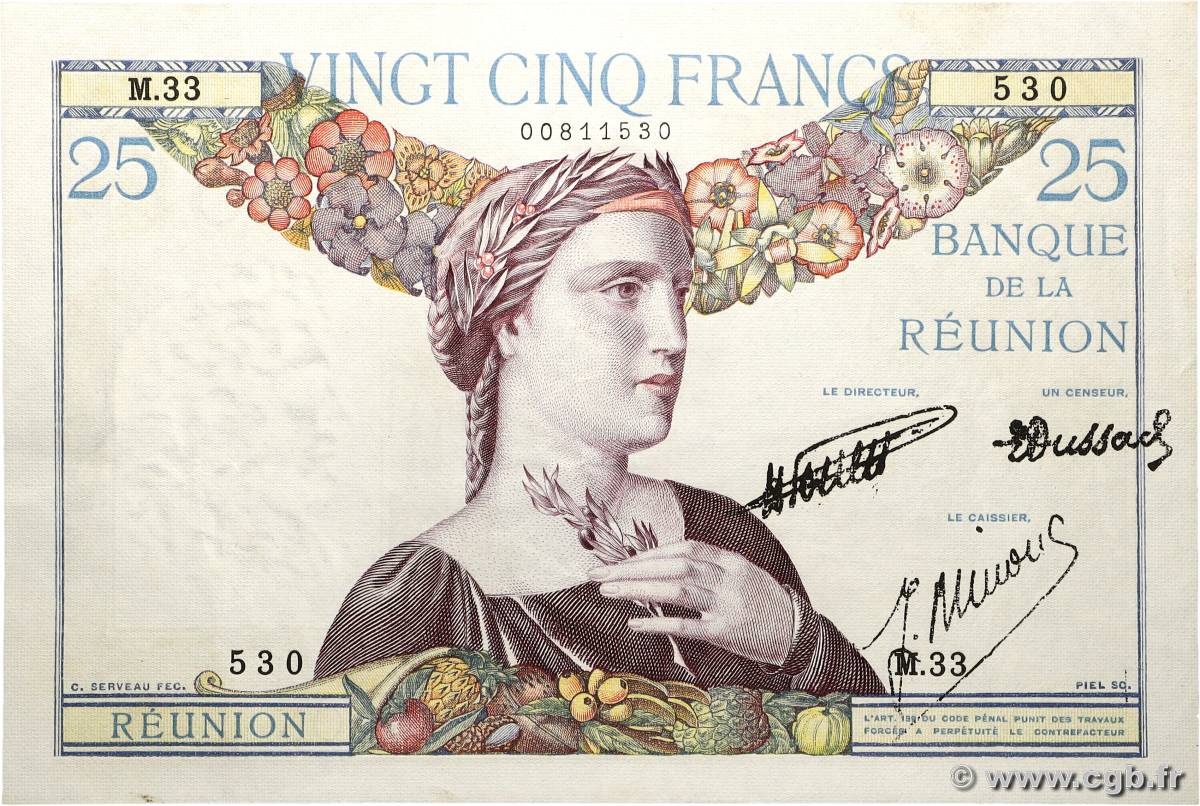 25 Francs ÎLE DE LA RÉUNION 1944 P.23 TTB+