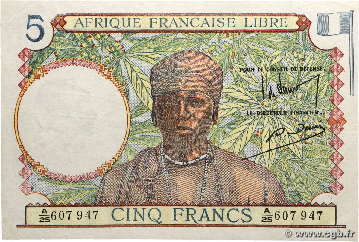 5 Francs type 1941 AFRIQUE ÉQUATORIALE FRANÇAISE  1943 A.114c VF