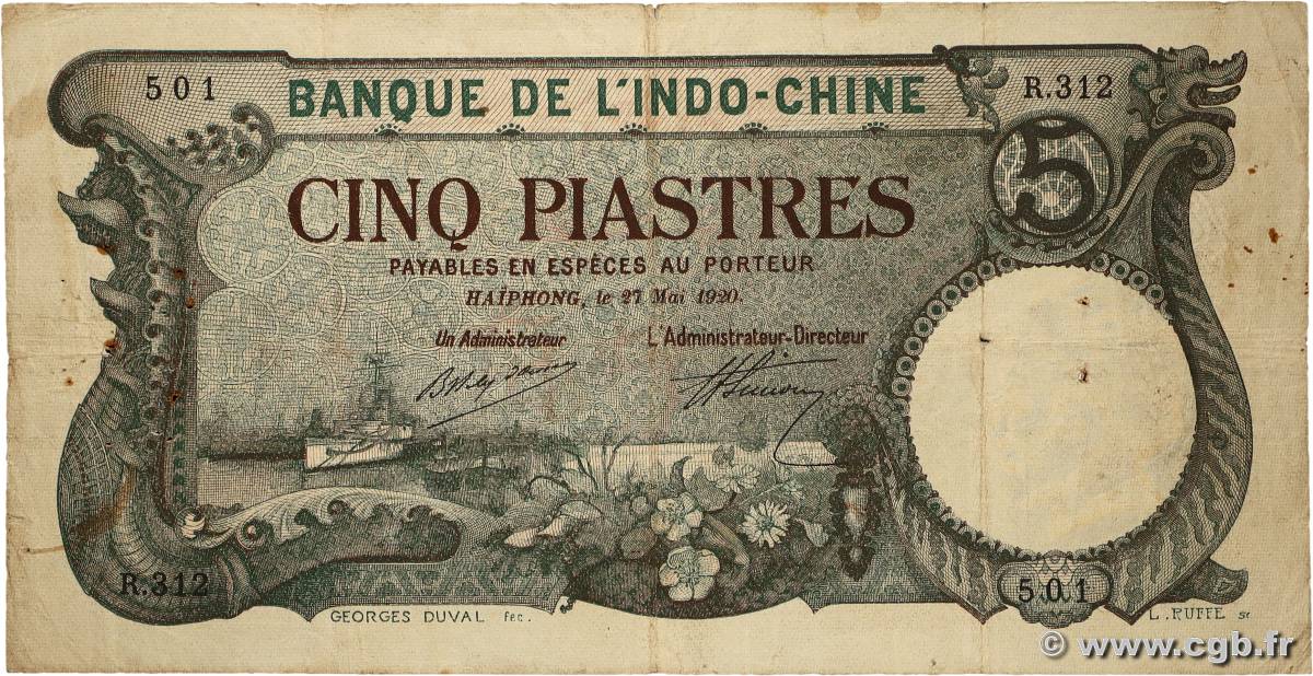 5 Piastres FRANZÖSISCHE-INDOCHINA 1920 P.019 S