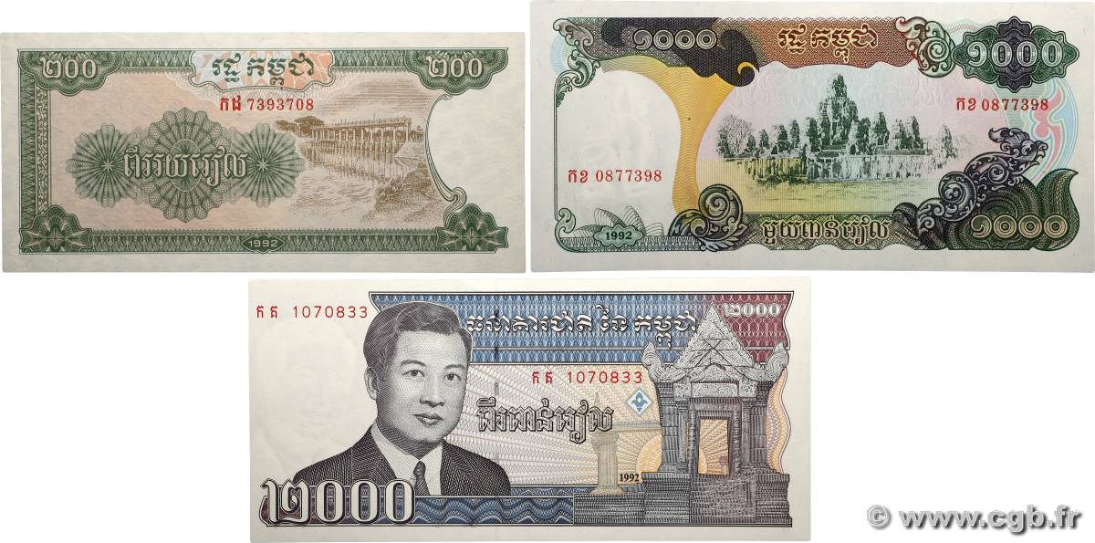 200, 1000, 2000 Riells Lot KAMBODSCHA 1992 P.37, P.39 et P.40 ST