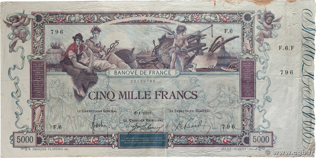 5000 Francs FLAMENG FRANCE 1918 F.43.01 TB+