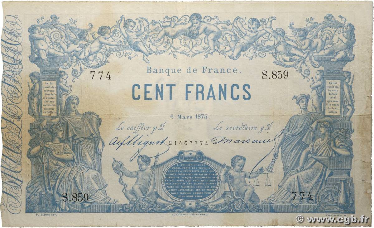 100 Francs type 1862 - Bleu à indices Noirs FRANCIA  1875 F.A39.11 MB