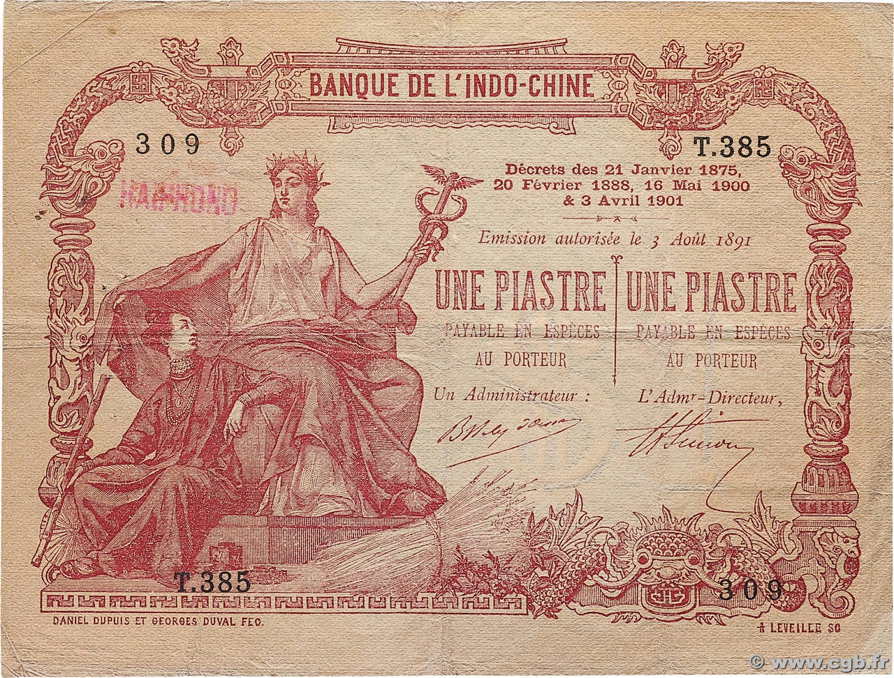 1 Piastre - 1 Piastre INDOCHINE FRANÇAISE Haïphong 1909 P.013b TTB