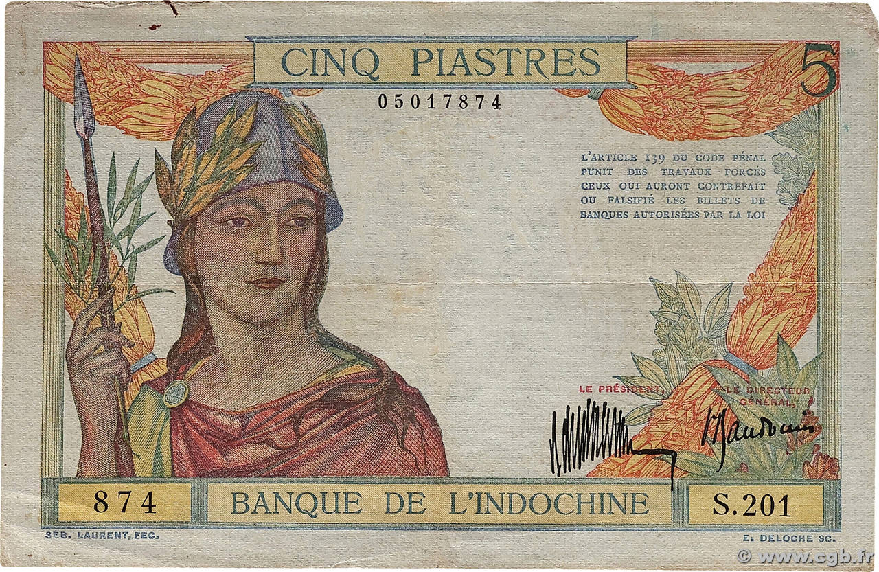 5 Piastres INDOCHINE FRANÇAISE 1932 P.053a TB+