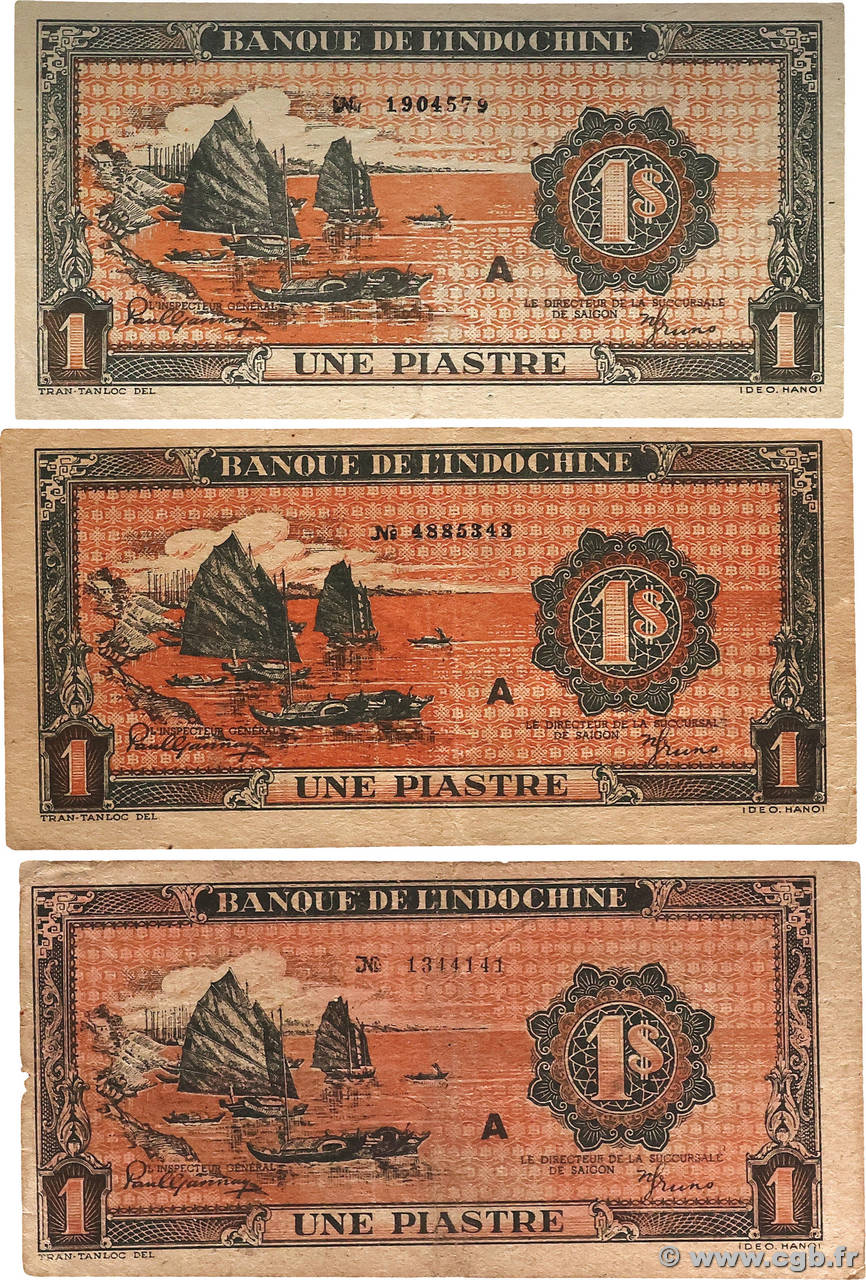 1 Piastre orange Lot INDOCHINE FRANÇAISE 1945 P.058b TB à TTB