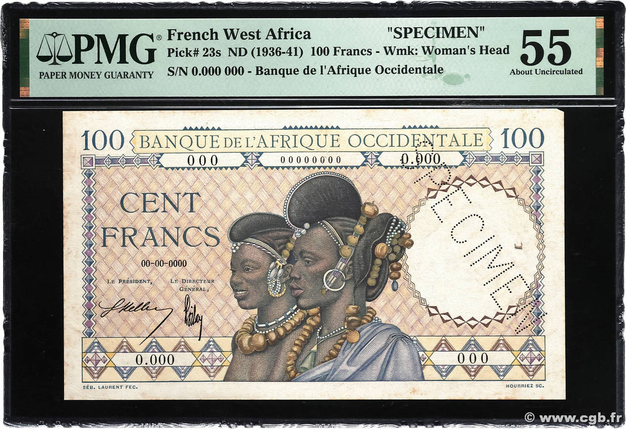 100 Francs Spécimen FRENCH WEST AFRICA 1936 P.23s fST