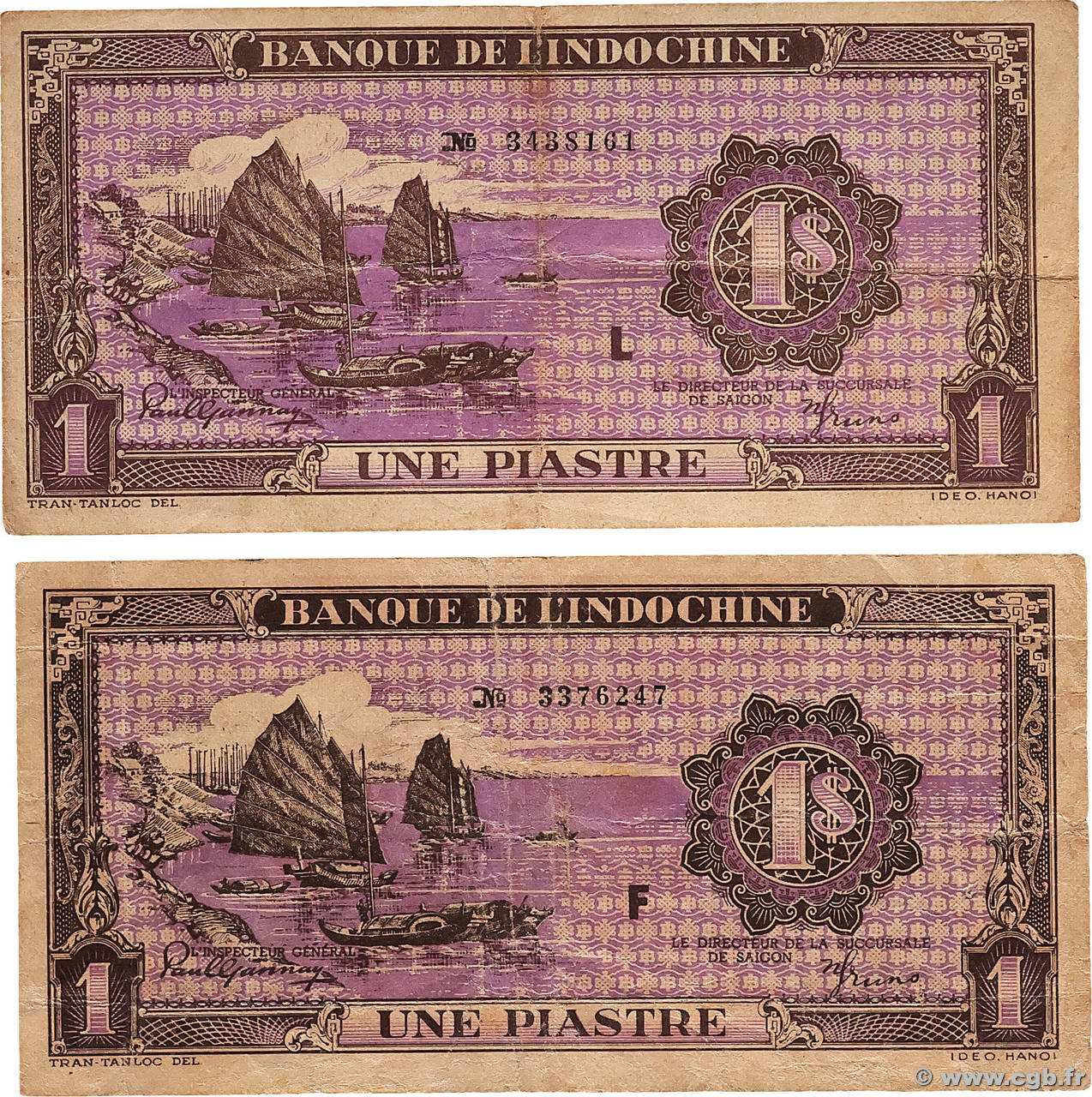 1 Piastre violet Lot INDOCHINE FRANÇAISE 1943 P.060 TB
