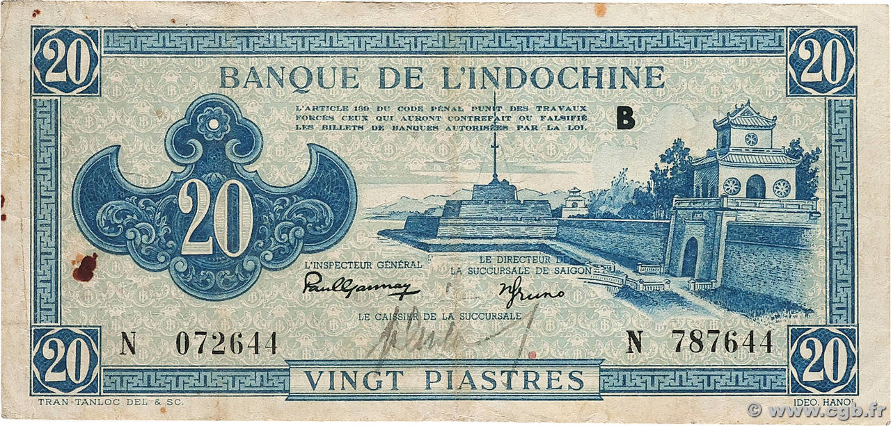 20 Piastres bleu INDOCHINE FRANÇAISE 1943 P.065 TB+