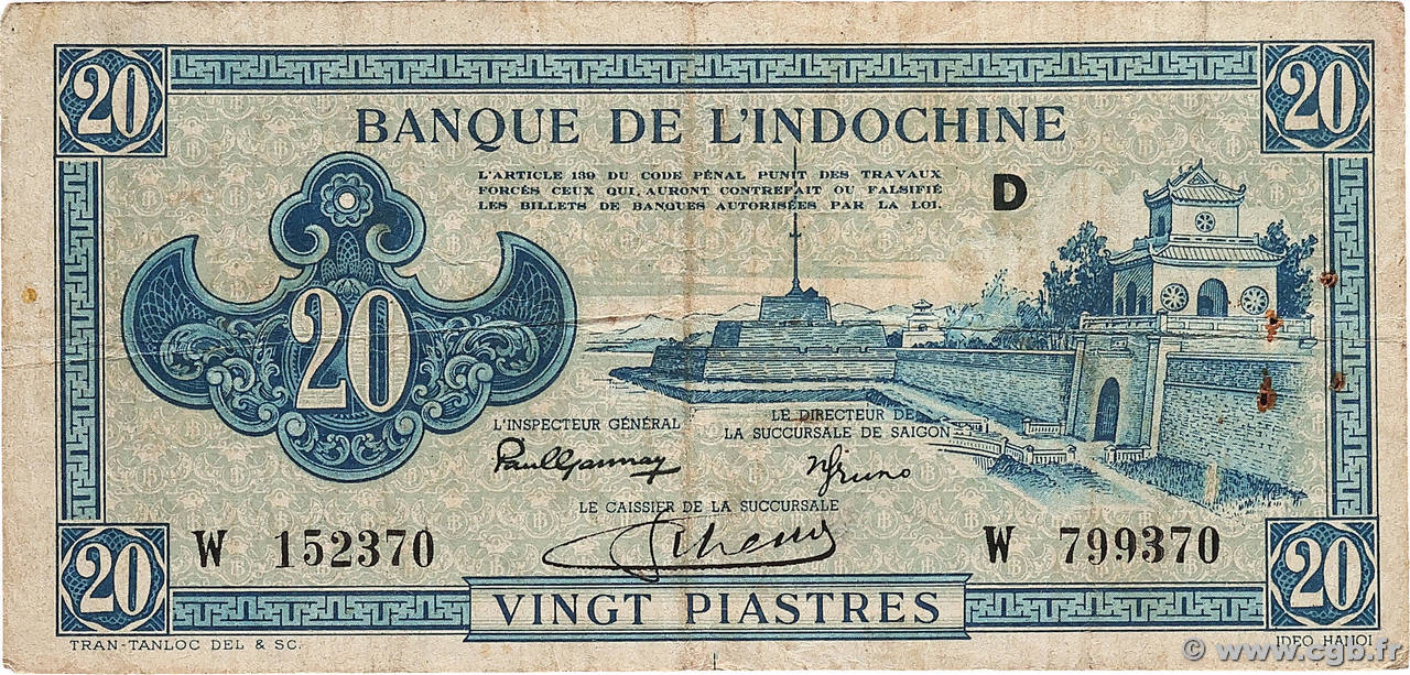 20 Piastres bleu INDOCHINE FRANÇAISE 1943 P.065 TB