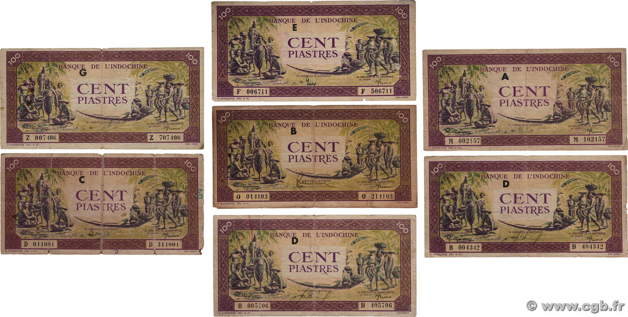 100 Piastres violet et vert Lot INDOCHINE FRANÇAISE 1944 P.067 B à TB