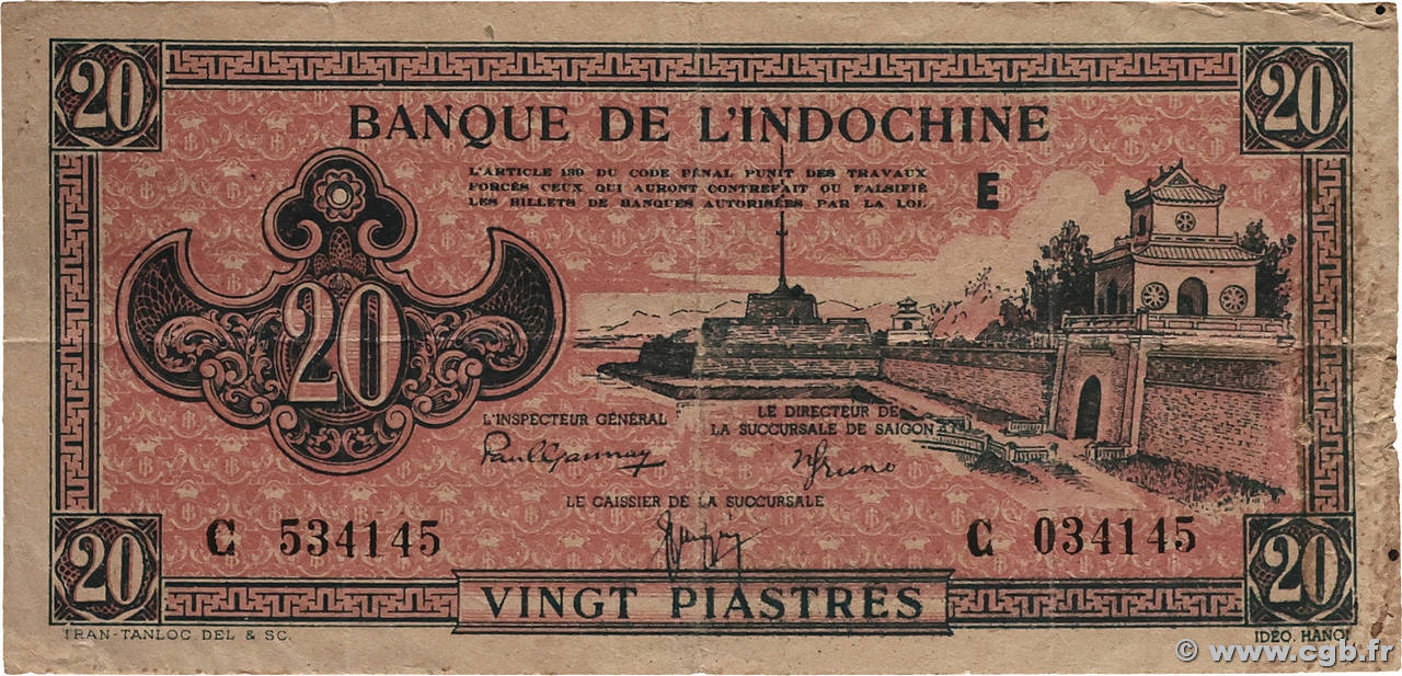 20 Piastres rose orangé INDOCHINE FRANÇAISE 1945 P.072 TB+
